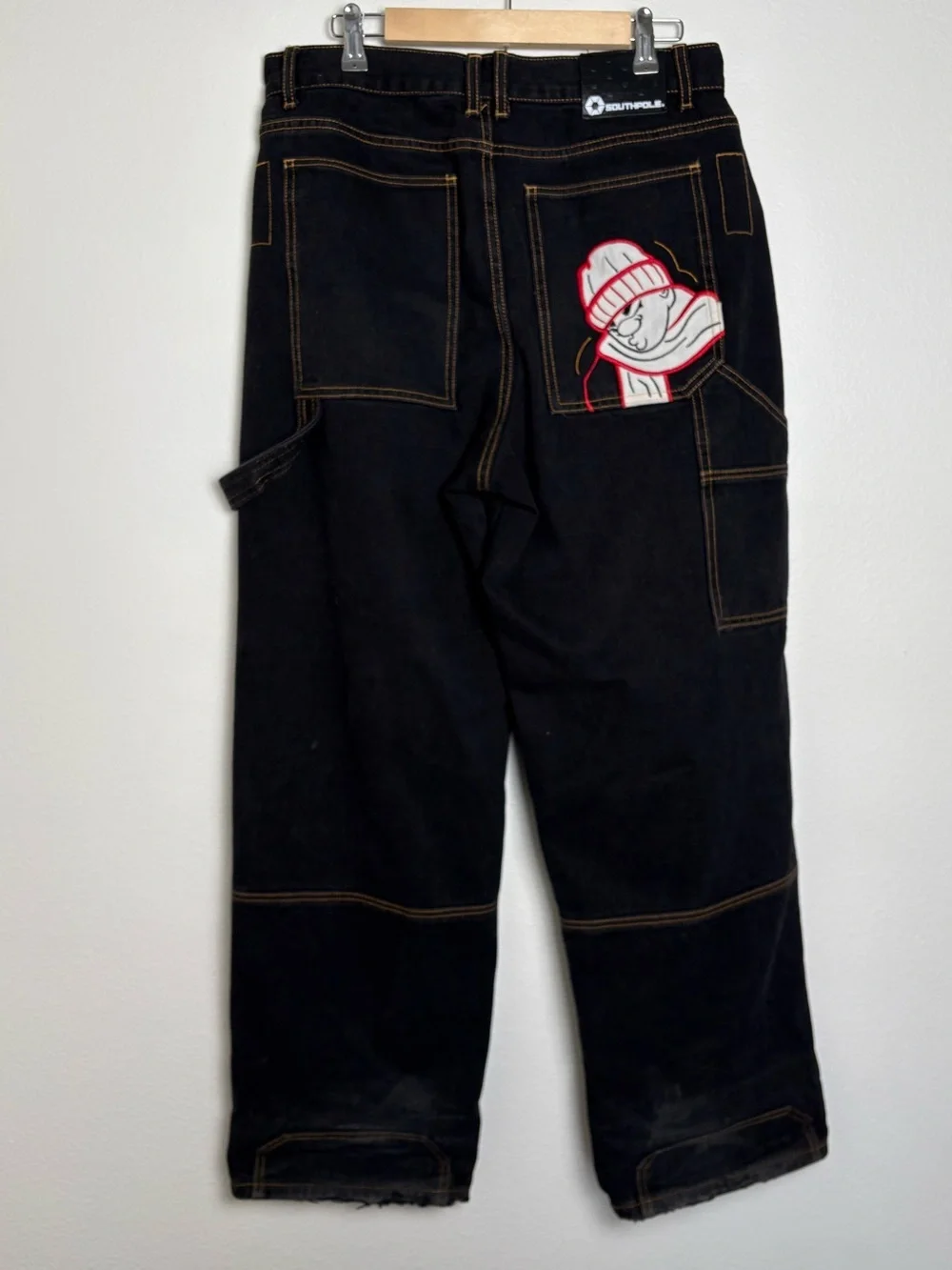 South Pole Men's Black Baggy Jeans with Red Embroidery Medium